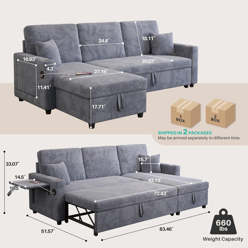 83'' L-Shaped Sleeper Sofa Reversible Couch Pull Out Couch With Storage Chaise, Gray