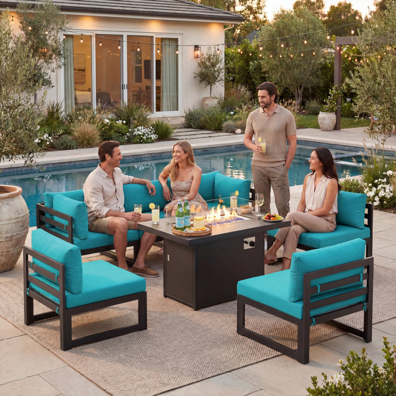 Tuyen 7-Piece 6-Person Outdoor Patio All-Aluminum Sectional Conversation Set with 60,000 BTU Fire Pit Table and 4" High-Resilience Foam Cushions