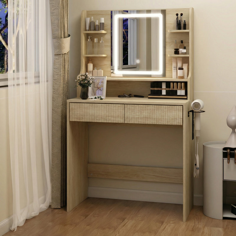 Degenhardt 80cm Led Lighted Mirror, Makeup Vanity Table With 2 Large Drawers And Charging