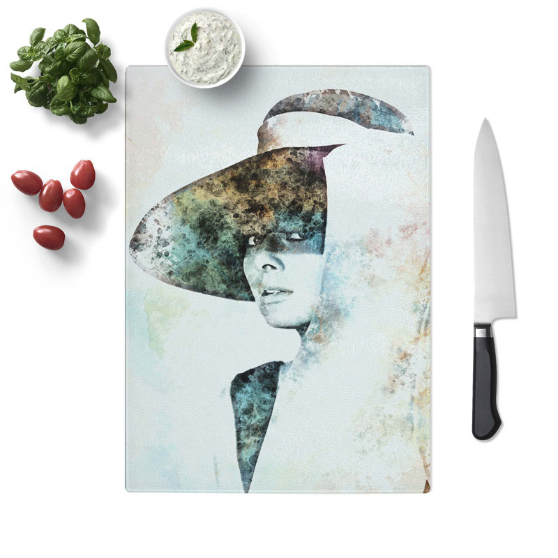 Tempered Glass Audrey Hepburn Portrait Chopping Board, 28.5 cm W x 39 cm L
