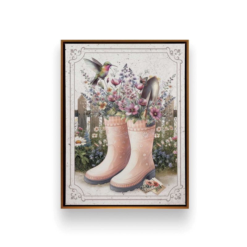 Dans les bottes de jardin par Nicole DeCamp, reproduction d'art, L 12 po x H 16 po, Doré, Toile avec cadre