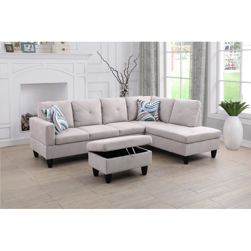 White Gray Sackcloth Fabric L style Right Hand Facing Living Room Sofa Set, with ottoman, Light Gray Microfiber