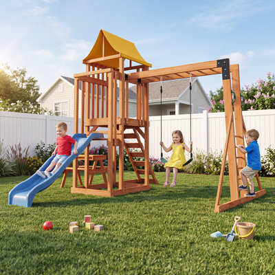 Wooden Swing Set with Yellow Canopy Roof, Outdoor Playset with Belt Swing, Monkey Bars, Blue Wave Slide, Rock Climbing Wall & Picnic Table — Backyard