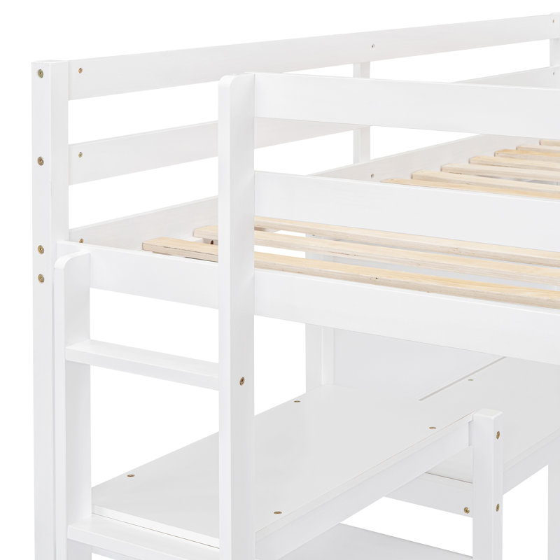 Lit mezzanine en bois avec tablettes, bureau et tableau d'écriture, Blanc