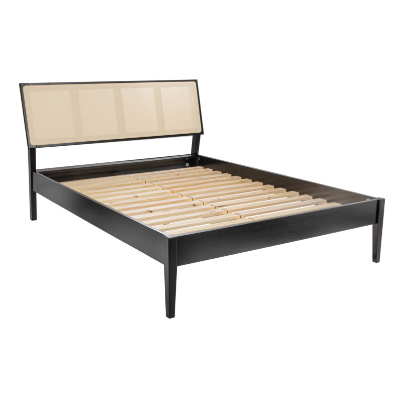 Crawford Modern Solid Wood Bed with Natural Woven Cane Headboard, Queen, Natural