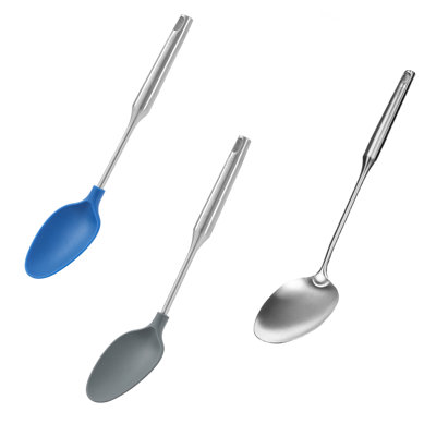 YBM Home Silicone Non-Stick Solid Cooking Serving Spoons, Heat-Resistant Plastic Kitchen Tools for Mixing, Frying, Serving, Draining, Turning, and Stirring, with Stainless Steel Handle, Set of 3