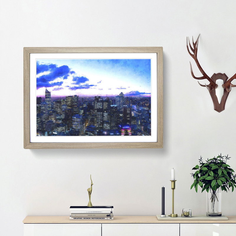 Melbourne Australia Skyline at Dusk - Picture Frame Graphic Art Print, 62cm H x 87cm W x 2cm D, Oak Framed