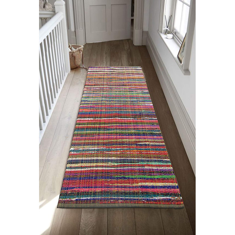 Runner Pablo Abstract Handmade Flatweave Cotton Red/Blue/Pink Area Rug, Runner 2" x 7"