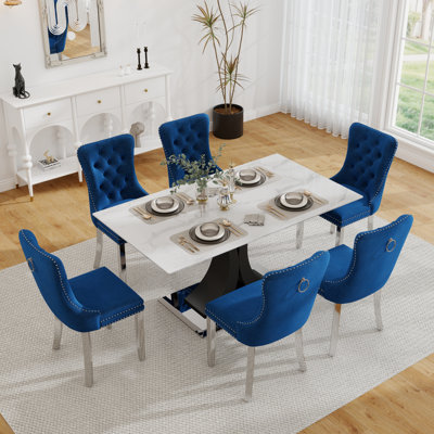 Ensemble de table de salle à manger rectangulaire en verre trempé, table de salle à manger de luxe avec chaise de salle à manger en velours capitonné