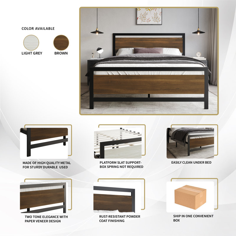 Vicent Metal Platform Bed, Brown, Queen