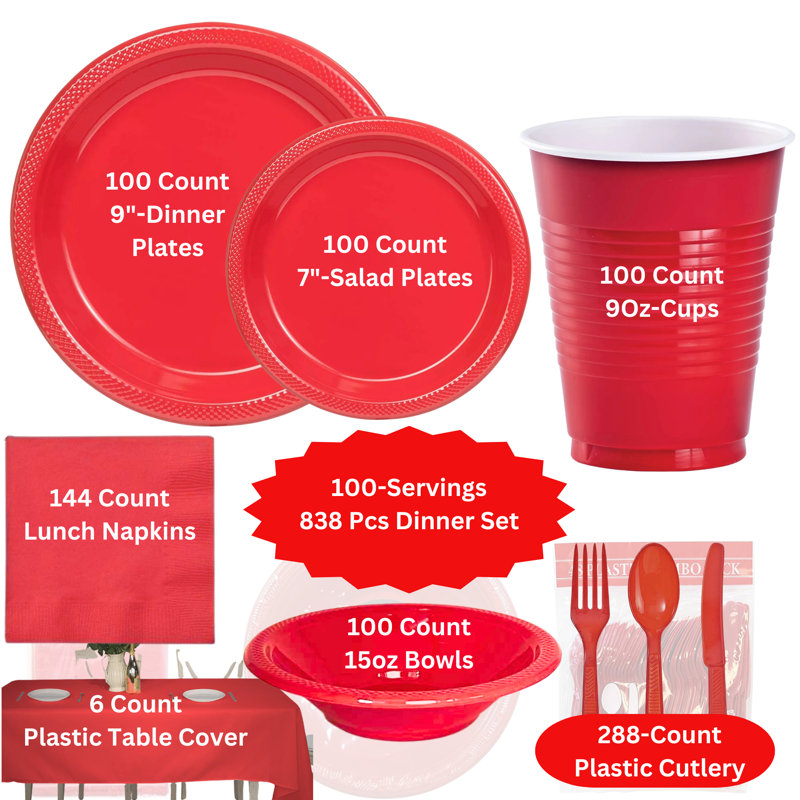 COMBO-PARTY SET: 838 PCS Complete Disposable Dining Solution for Your Event: 100-Servings, Red