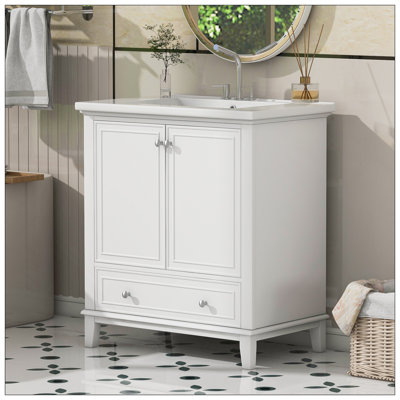 Ensemble de meuble-lavabo moderne 30 po avec lavabo, armoire de salle de bain multifonctionnelle avec portes et tiroir, structure solide et panneau de fibres à densité moyenne