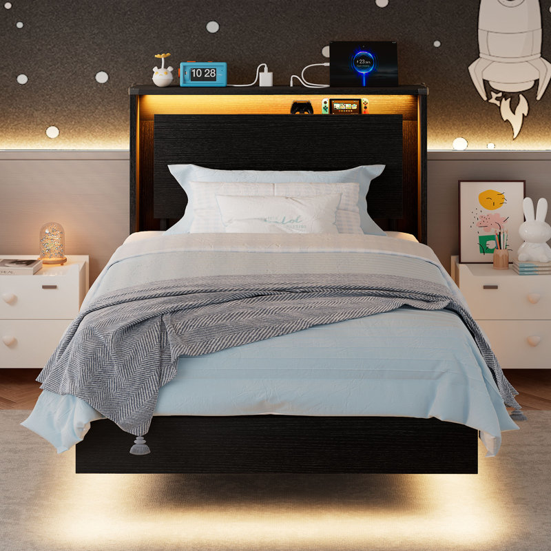 Base de lit flottante pleine grandeur Einhomn avec tête de lit et station de charge, base de lit plateforme en bois avec lumières DEL, sans bruit, aucun sommier nécessaire - facile à assembler - noir