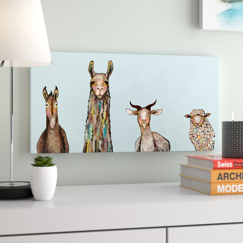 « Donkey, llama, Goat, Sheep » par Eli Halpin, Reproduction d’art sur toile tendue, H 18 po x l 36 po, Toile tendue