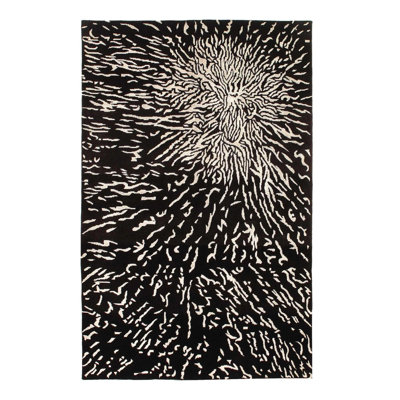 Tapis noir / beige abstrait en laine / coton abstrait fait à la main 5 pi 2 po x 8 pi