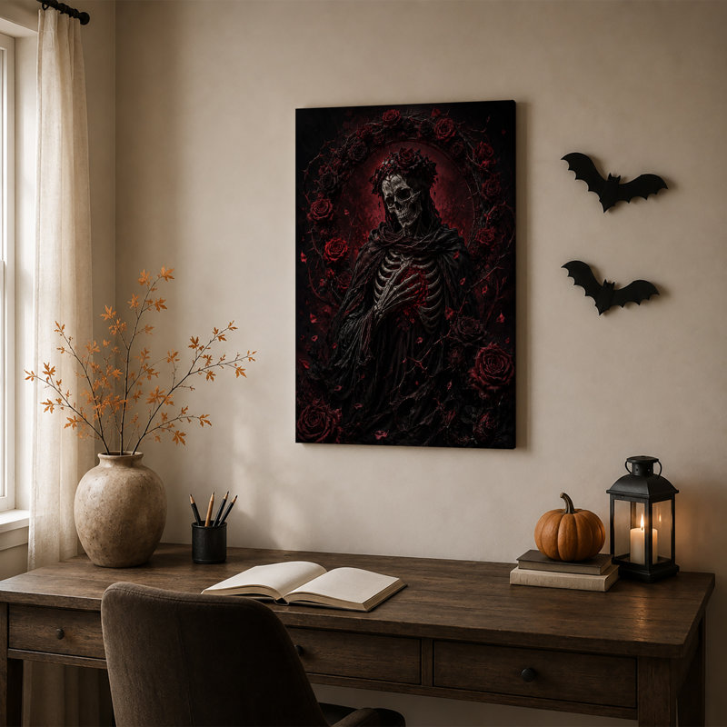«Black Robed Skeleton tenant une rose rouge», H 24 po x l 16 po