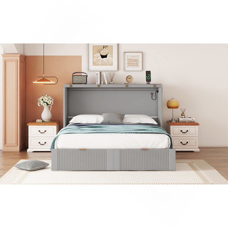 Lit escamotable avec tiroir et un ensemble de prises et de ports USB, structure de poulie, gris