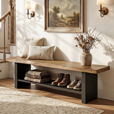 55" Solid Wood 2-Tier Bench for Entryway, Bedroom, Hallway