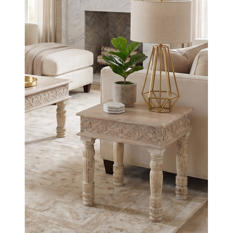 Aarohi Carved End Table, White