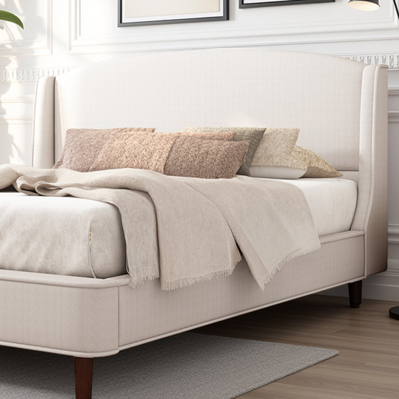 King Size Upholstered Platform Bed with Wingback Headboard - Beige Fabric, Solid Wood Legs & Noise-Free Design, 500 lb Capacity