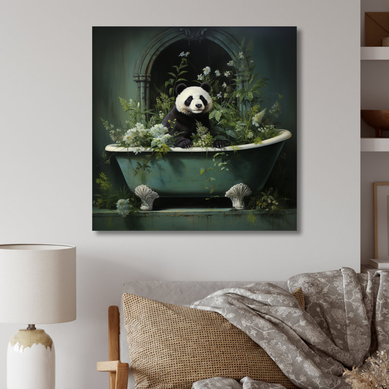 «Green Tranquil Panda Bath II», art mural en métal animal corbeau, H 16 po x l 16 po