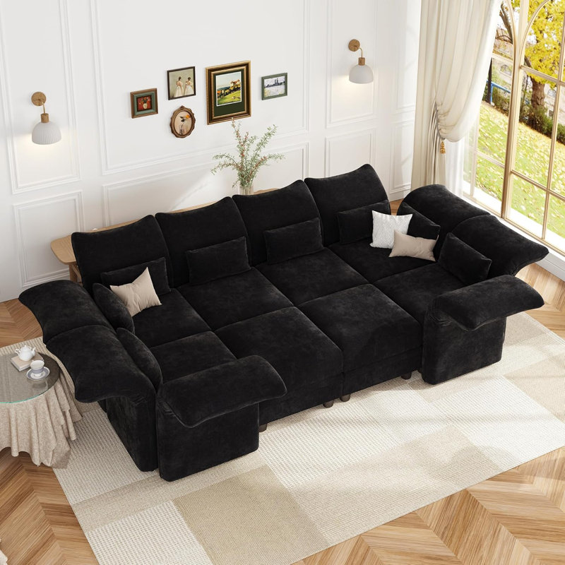 Harlaii 144'' 8 - Piece Upholstered Sectional With Storage, Black Velvet