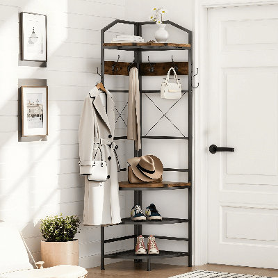 Portemanteau de coin à 4 niveaux avec rangement, portemanteau de coin sur pied Farmhouse avec banc et 12 crochets en métal, organisateur de tablette de hall d'entrée multifonctionnel pour chambre à coucher avec bureau à domicile