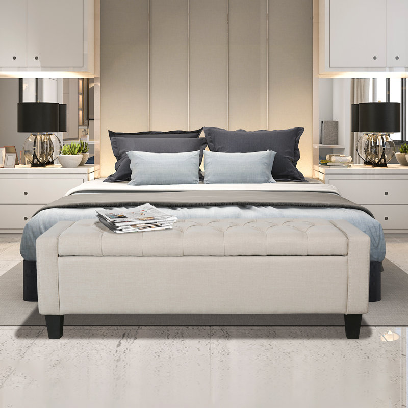 Beige Fabric Button Tufted Storage Bench with Hinged Lid