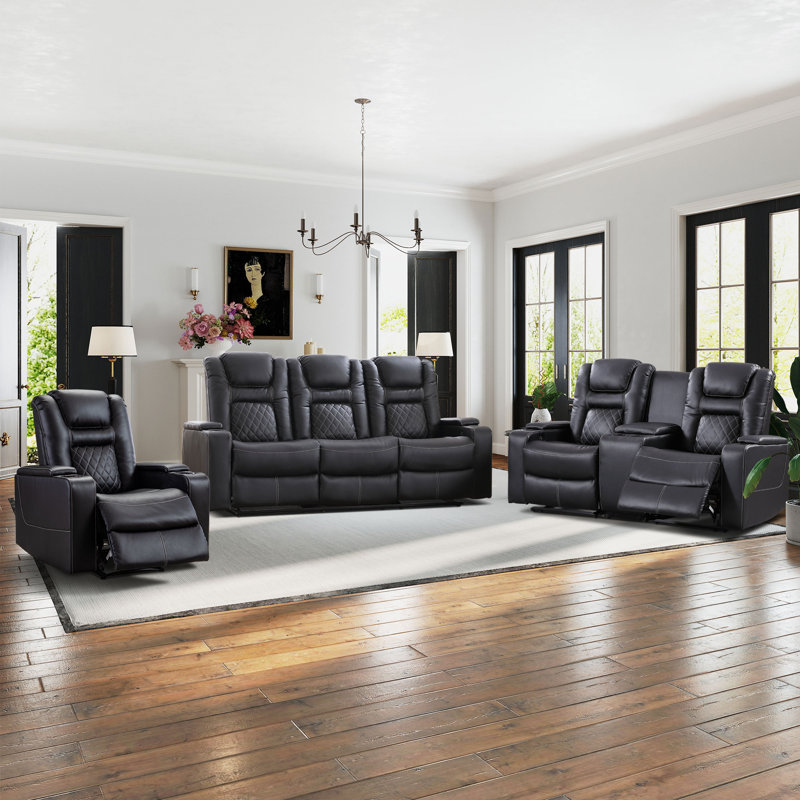 Ensemble de salon inclinable 3 pièces de luxe avec ports USB et porte-gobelets, Noir