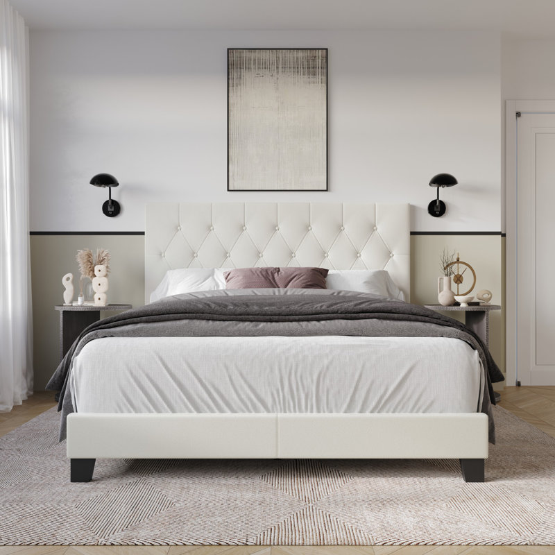 Araseli Upholstered Standard Bed, White, Queen