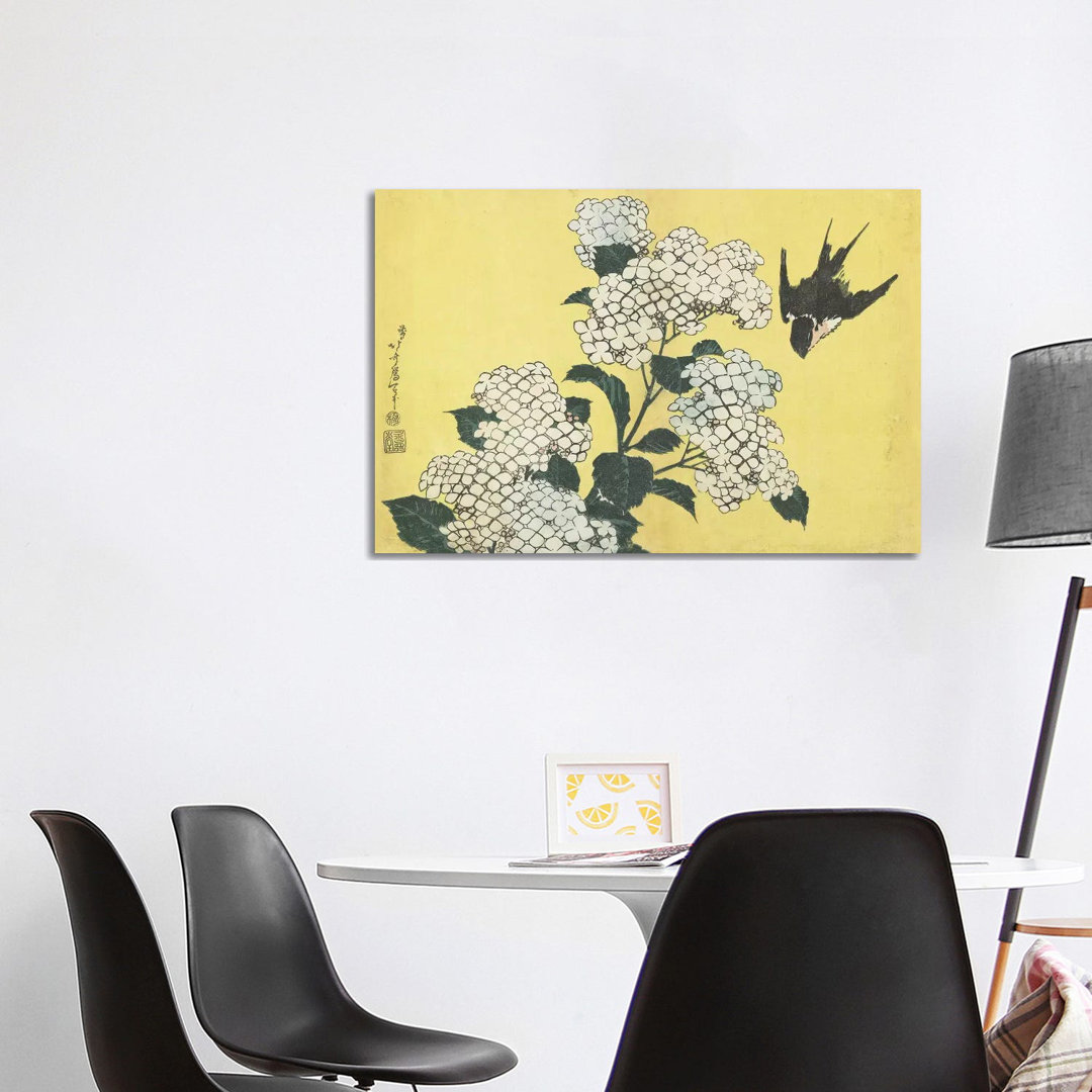 Hydrangea And Swallow, C by Katsushika Hokusai - Wrapped Canvas Print