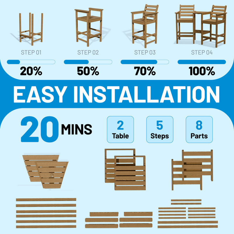 Outdoor Bar Height Adirondack Chairs (Set of 2) with Removable Trays, All-Weather HDPE for Patio, Deck & Pool, Brown