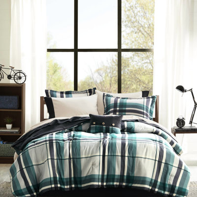 Grand, microfibre, édredon et drap 9 pièces, motif écossais noir sarcelle, preuve, ensemble de lit en microfibre grand sarcelle / noir lavable à la machine -, étiqueté pour la peau