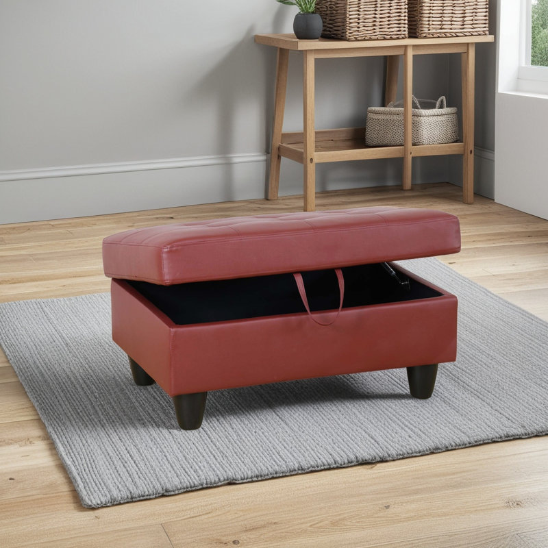 Repose-pieds rectangulaire avec rangement en similicuir de 35 po, Similicuir rouge, Noir