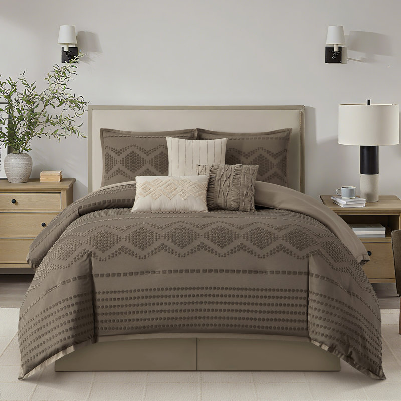 Ensemble d'édredon jacquard géométrique 7 pièces Whki, Brun, Grand lit