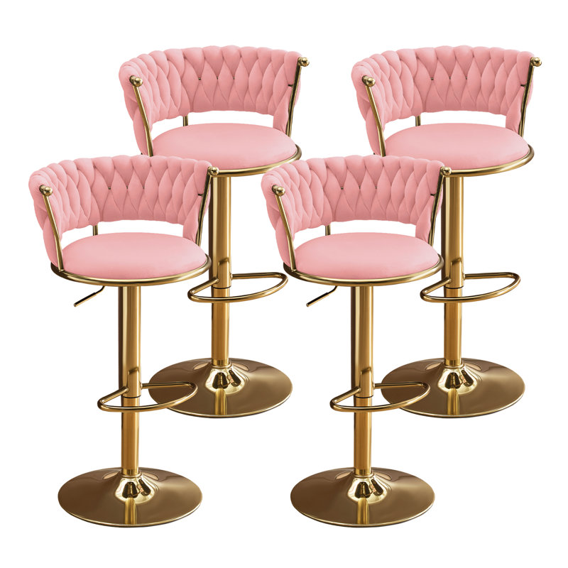 Pink Velvet Swivel Bar Stool Set of 4, Modern Adjustable Height Barstools with Golden Metal Base for Kitchen Island, 4, Pink