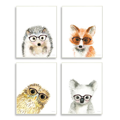 Adorable Forest Animals with Glasses Owl Fox 4pc Wall Plaque Art Set by Mercedes Lopez Charro