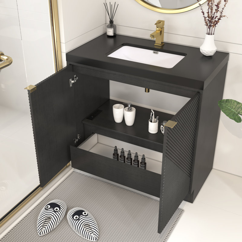 Monterey 35.4" Freestanding Bathroom Vanity + Reinforced Black Acrylic Sink, Black