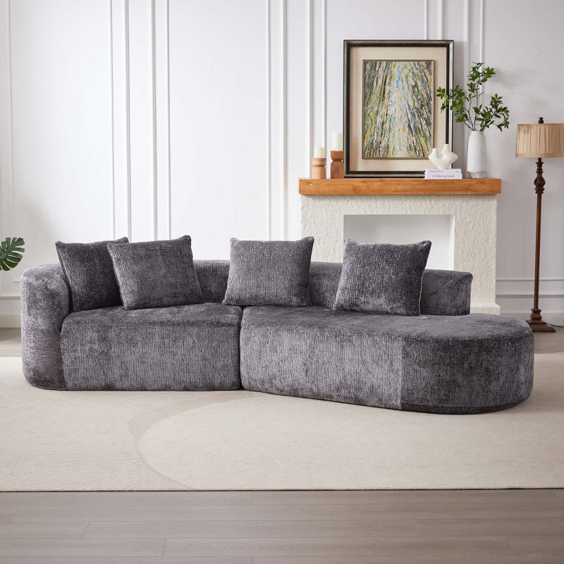 Canapé modulaire incurvé moderne en chenille avec 4 coussins décoratifs Boneless, Gris, Face à la gauche