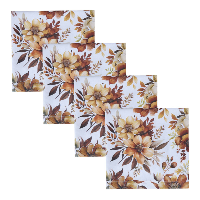  Rustic Blooms Floral Brown Napkin Set Of 4, Orange Floral