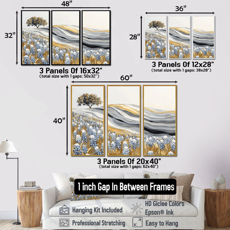 Pré gris et blanc avec fleurs bleu Bonnets II - ensemble d'art mural paysages abstraits, Toile avec cadre flottant noir