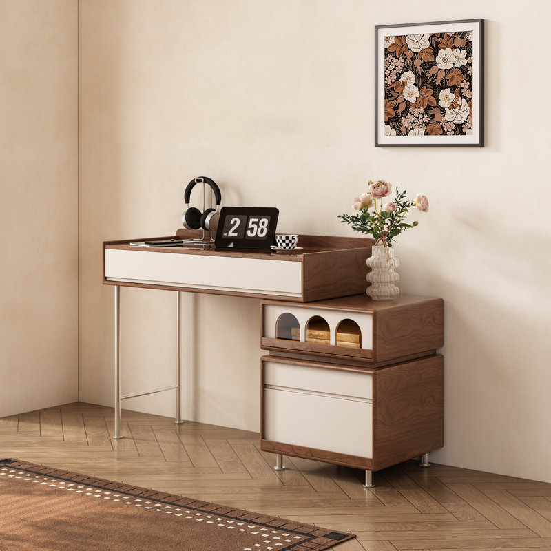 Coiffeuse de style milieu du siècle avec plateau en verre, armoire latérale à 3 tiroirs ajustables, finition noyer et crème, 100 cm