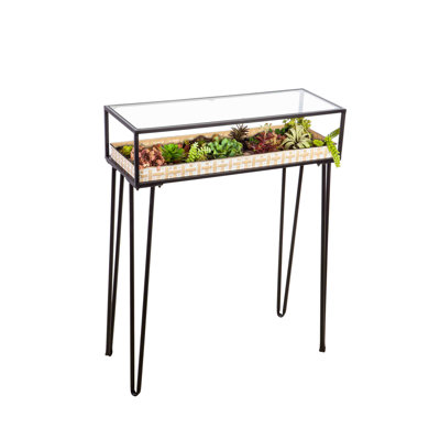 Table en métal doré avec plateau en verre et pot à fleurs en métal