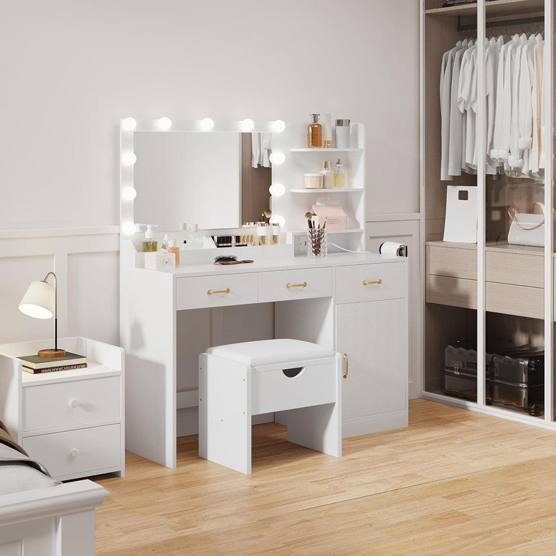 LED Lighted Vanity Desk with Mirror, 11 Bulbs & Power Outlet, 3 Drawers & Storage Shelves, Upholstered Stool Included, White