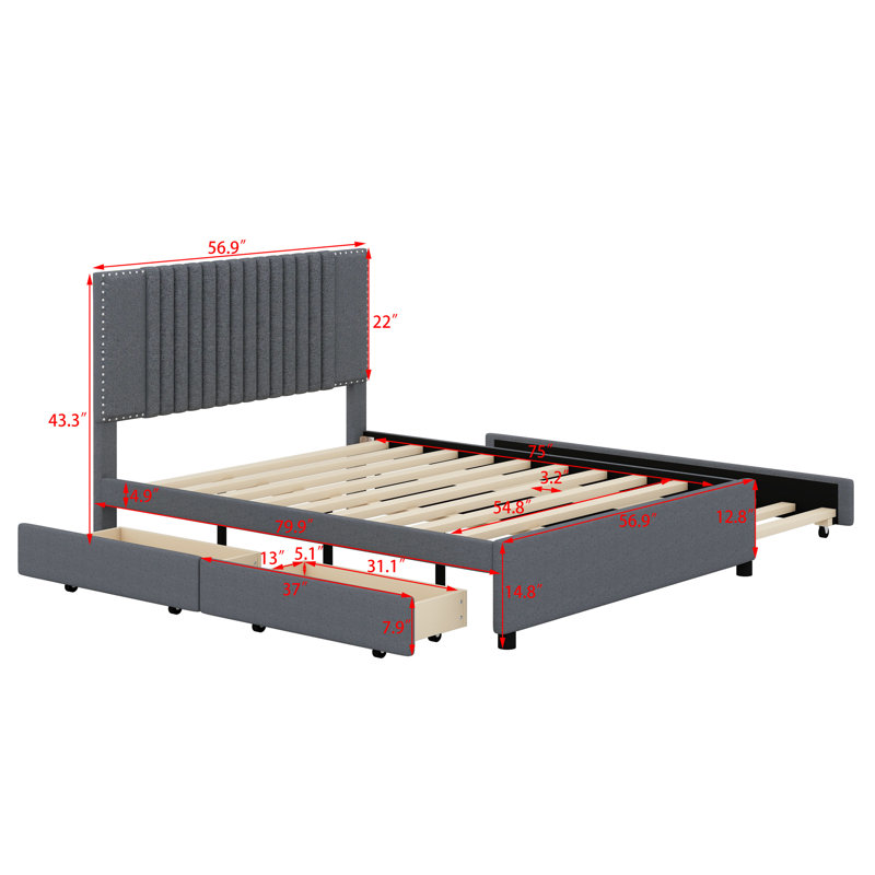 Lit plateforme tapissier avec tiroirs et lit gigogne, Gris, Double