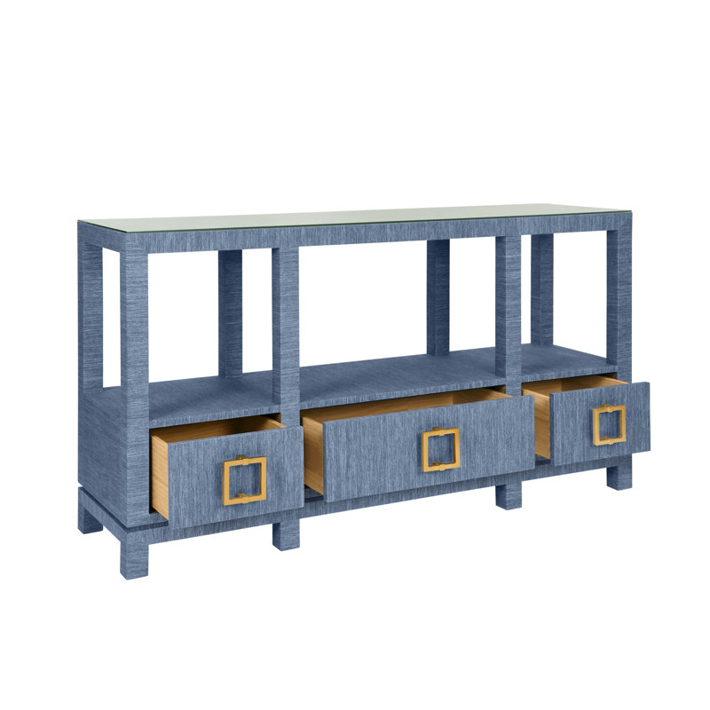 Open Shelf Console With Three Bottom Drawers And Square Satin Brass Hardware In Dyed Blue Grasscloth, Dyed Blue