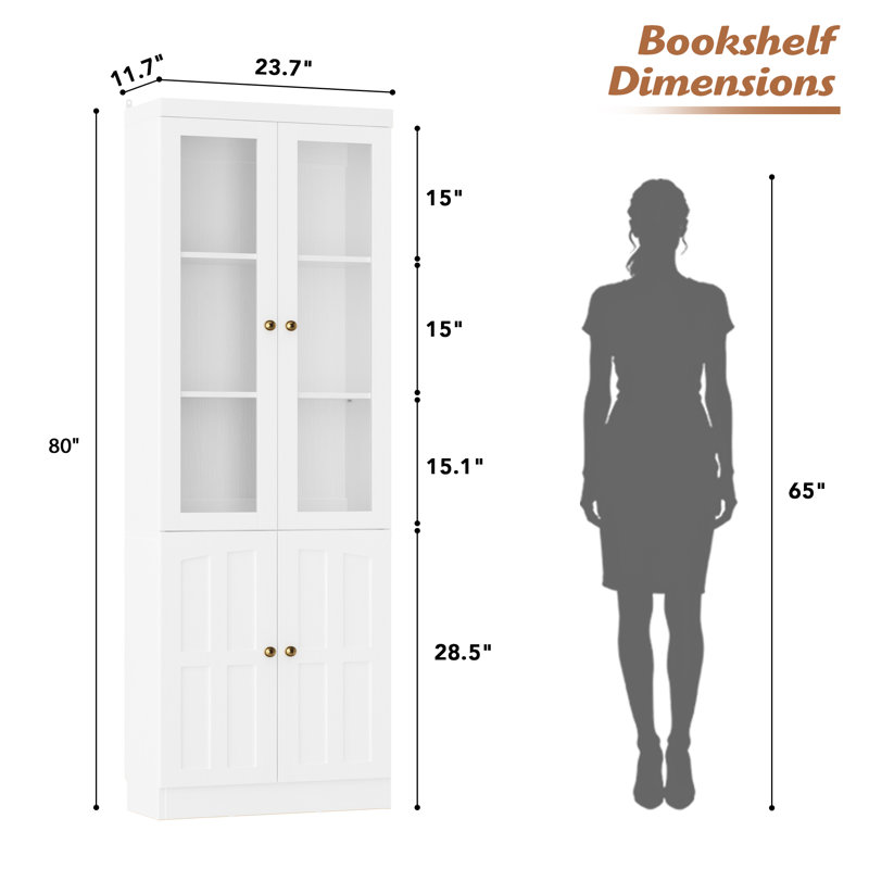 Modern Bookcase With Glass Doors And Thickened Top Panel, Black
