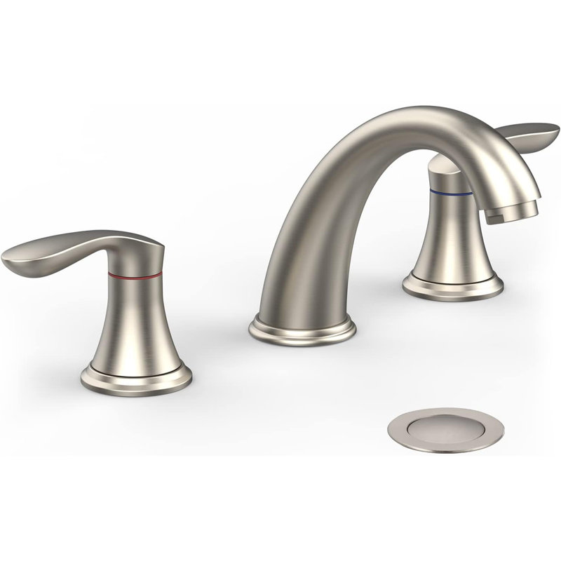 Modern Brushed Nickel Widespread Bathroom Faucet, 2-Handle Deck Mount with Stainless Steel Pop-Up Drain, Lead-Free
