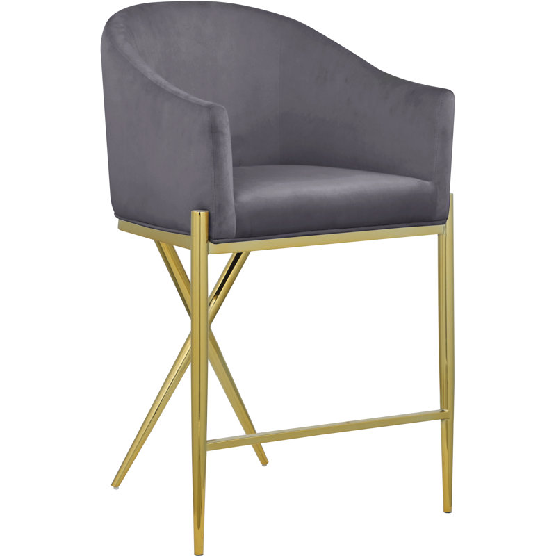 Xavier 26.5" Counter Stool, Grey Velvet, Gold