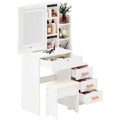 Bureau de maquillage avec miroir lumineux à DEL, coiffeuse à 4 tiroirs et tablettes ouvertes, coiffeuse de chambre à coucher